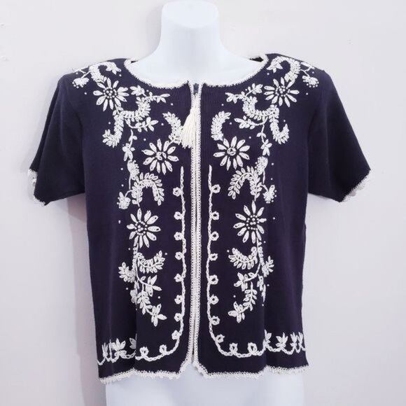 Vintage Black White Contrast Embroidered Short Sleeve Top Size S - Picture 8 of 8